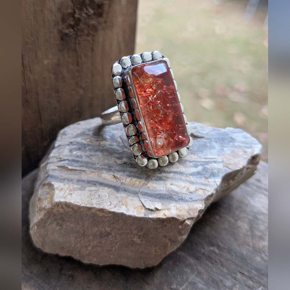 SOLD! Handcrafted Snake Skin Quartz Orange Unisex Rectangular Ring (9.75)